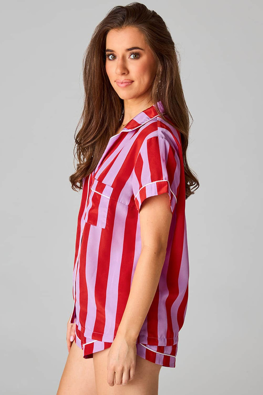 Red Color Block Striped Short Sleeve Pajamas Set