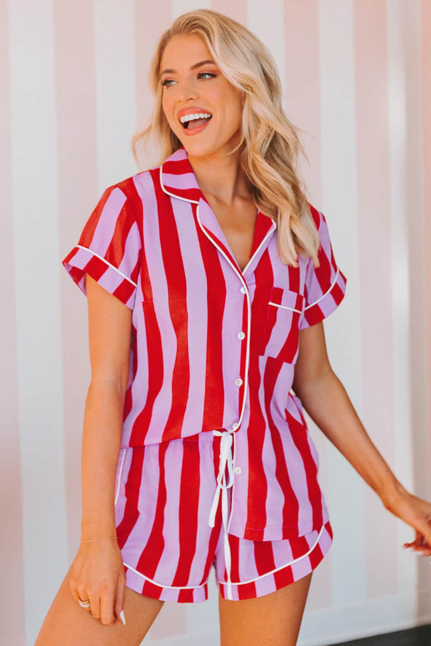 Red Color Block Striped Short Sleeve Pajamas Set