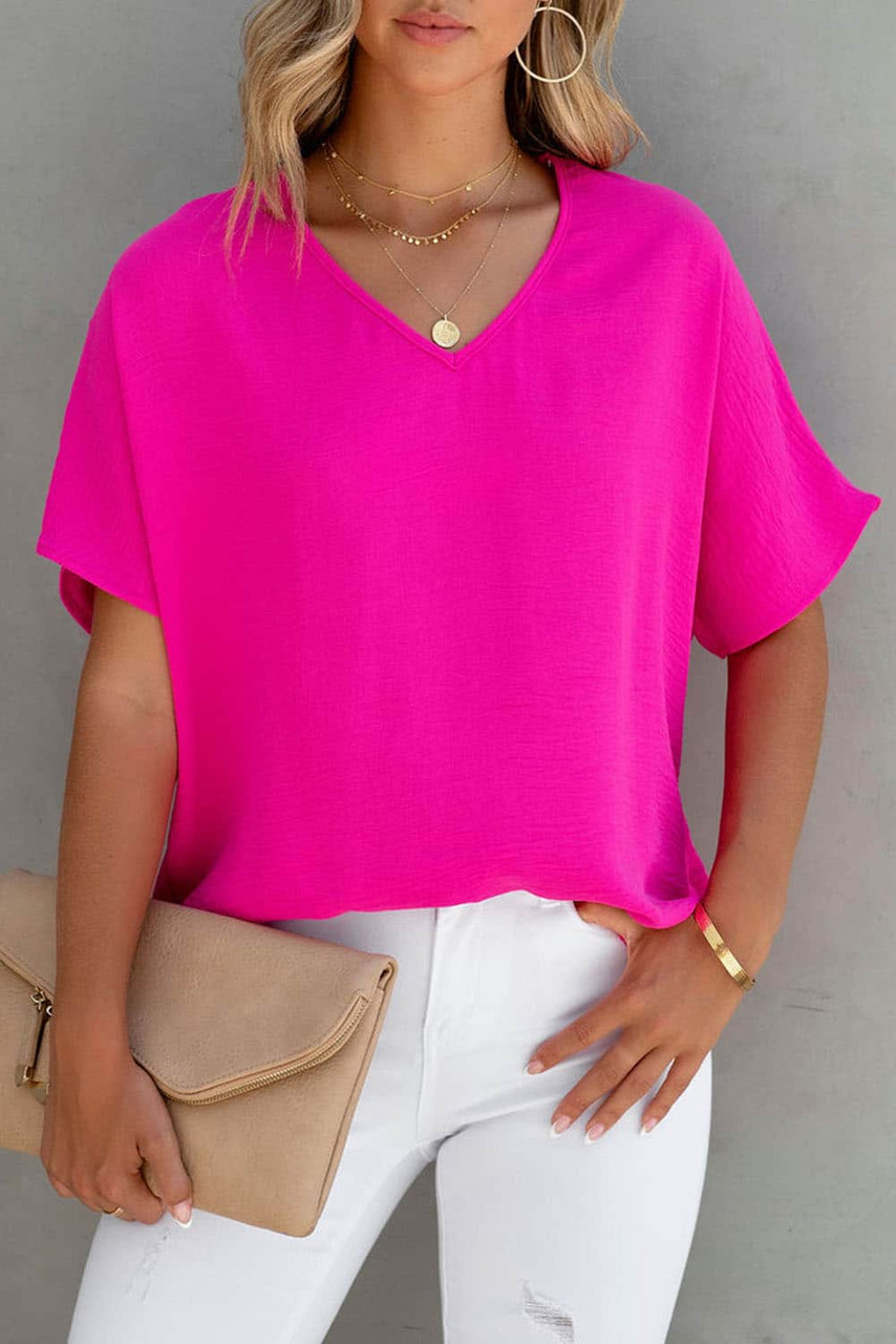 Rose Solid V Neck Short Sleeve Blouse