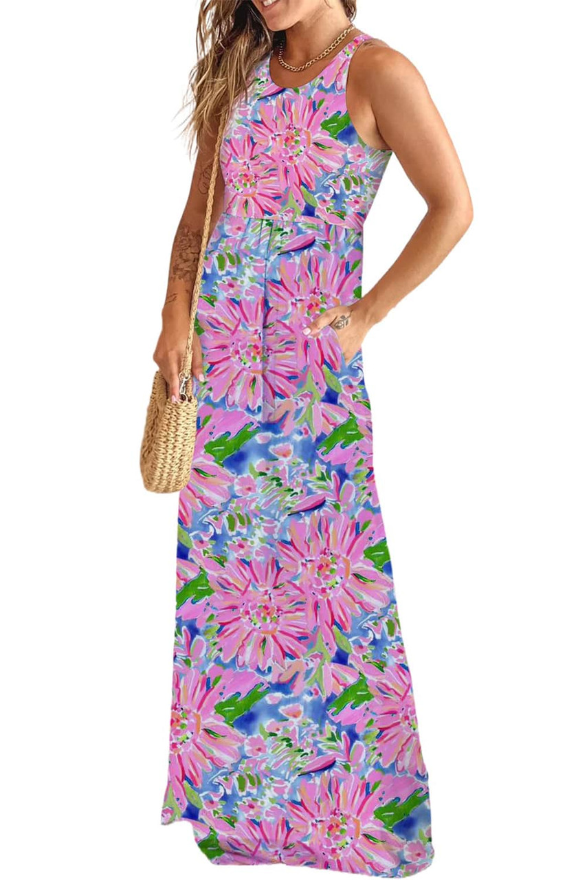 Pink Sleeveless High Waist Pocketed Floral Maxi Dress