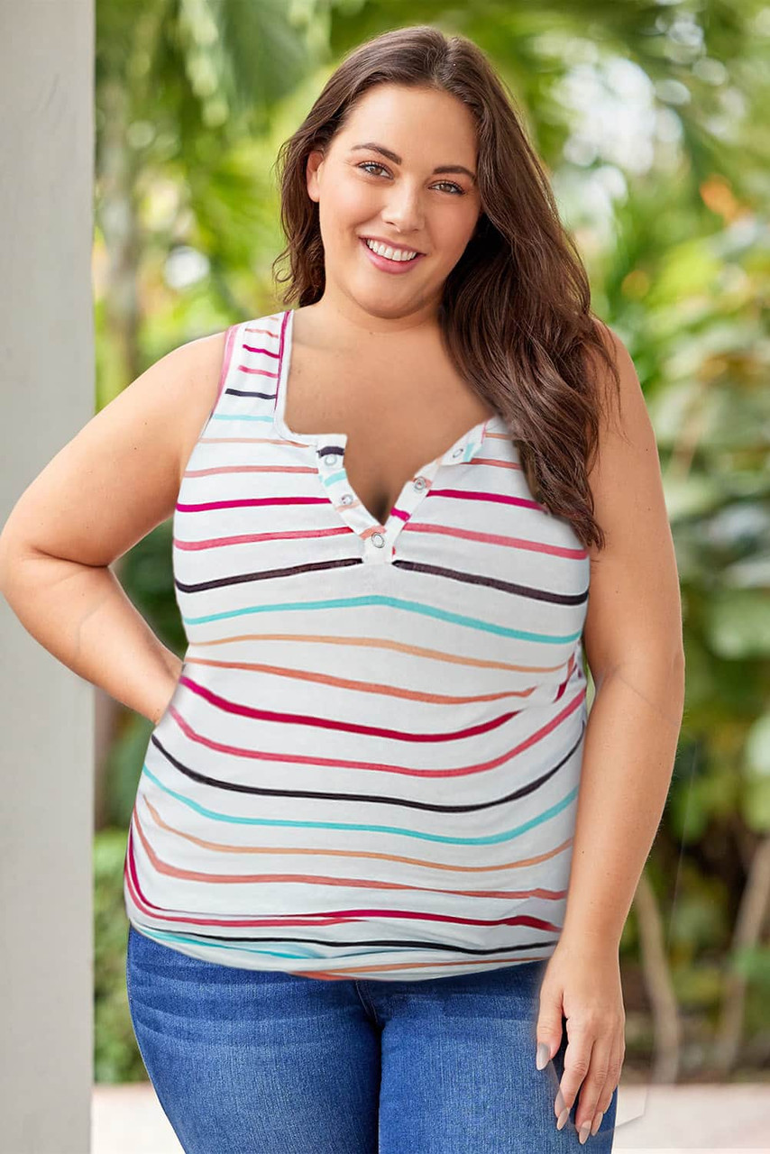 White Colorful Striped Henley Button Plus Size Tank Top