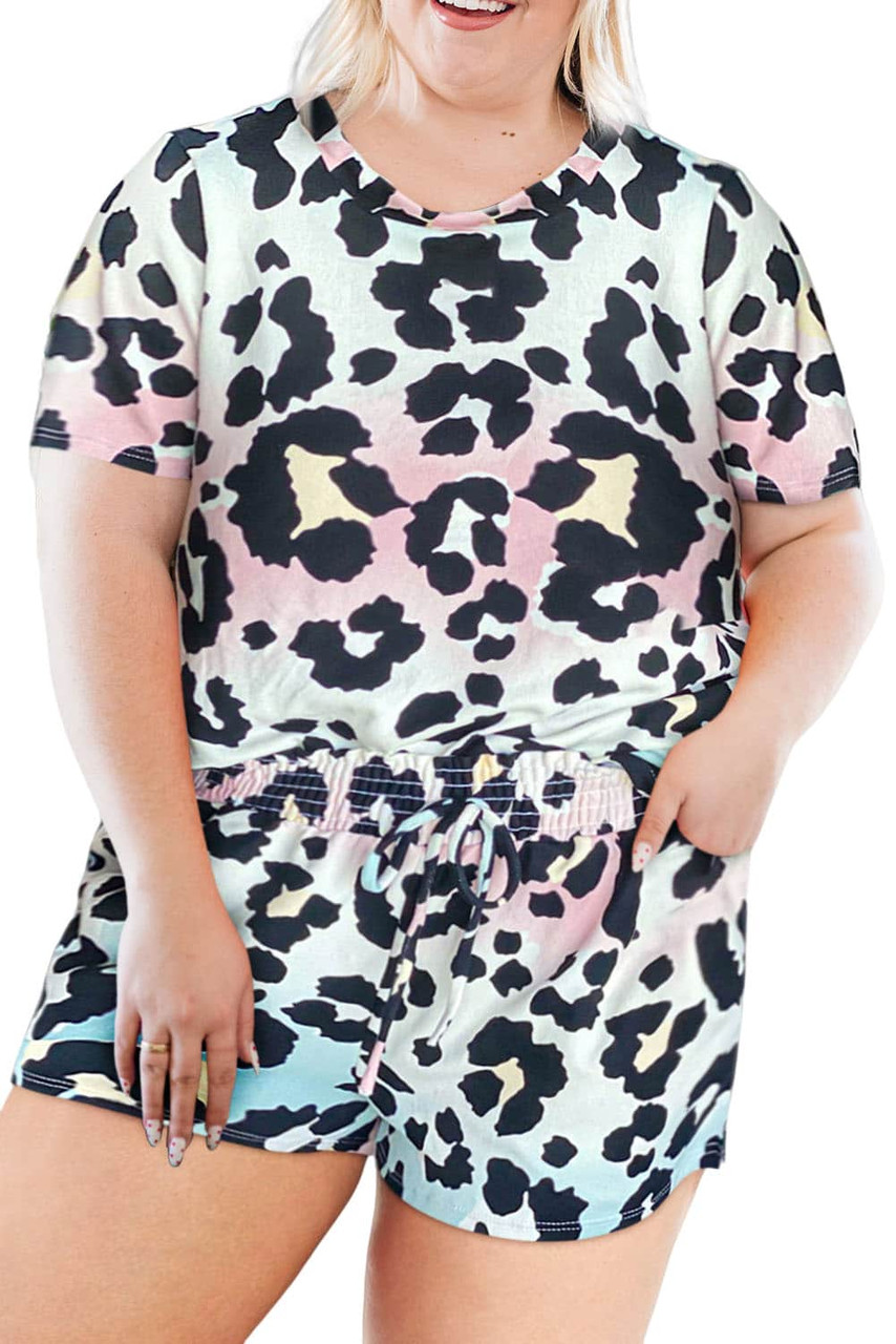 Leopard Tie Dye Print Short Sleeve Lace-up Waist Plus Size Lounge Set