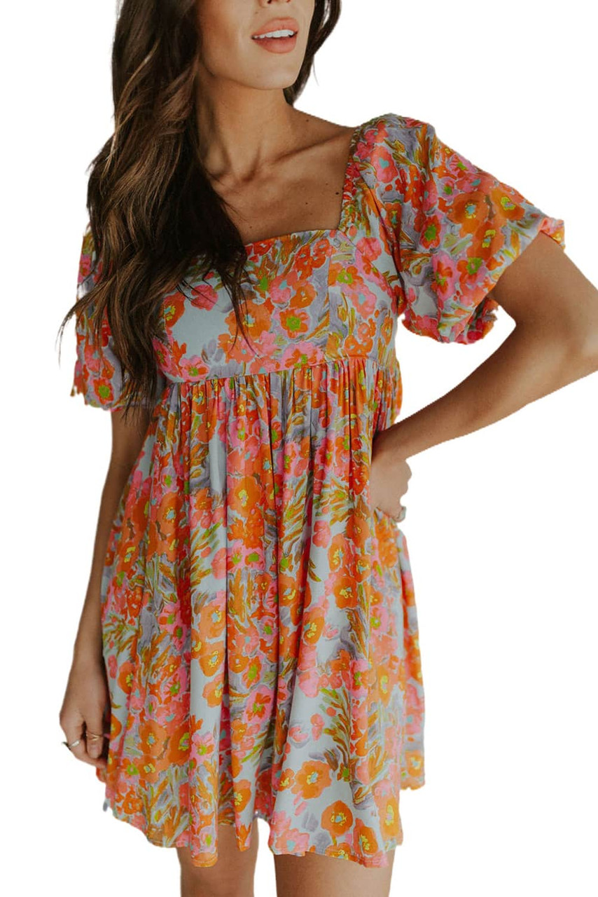 Orange High Waist Square Neck Puff Sleeve Floral Dress