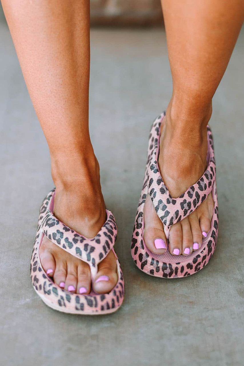 Pink Leopard Print Thick Sole Flip Flops