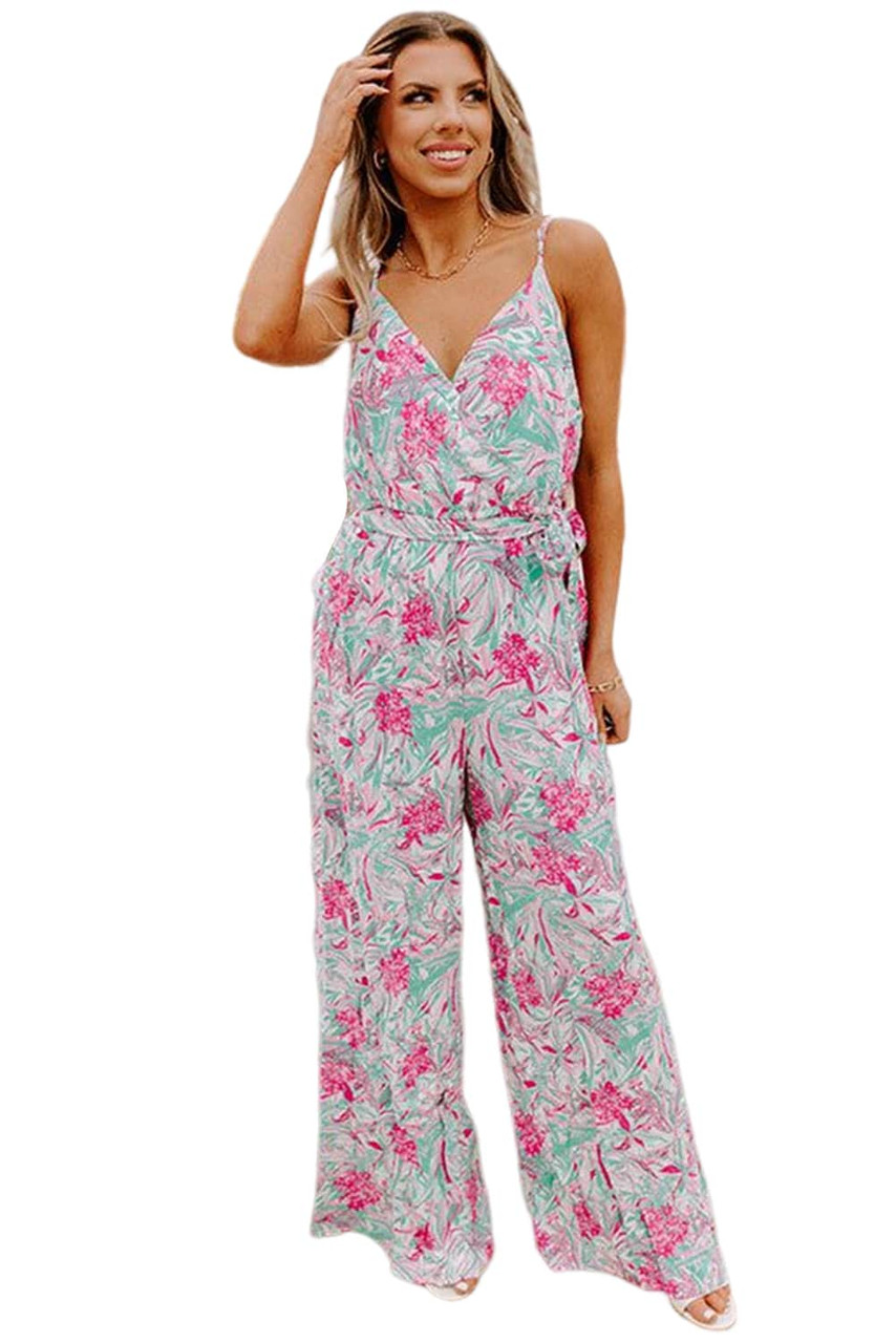 Sky Blue Floral Print Knotted High Waist Sleeveless Jumpsuit