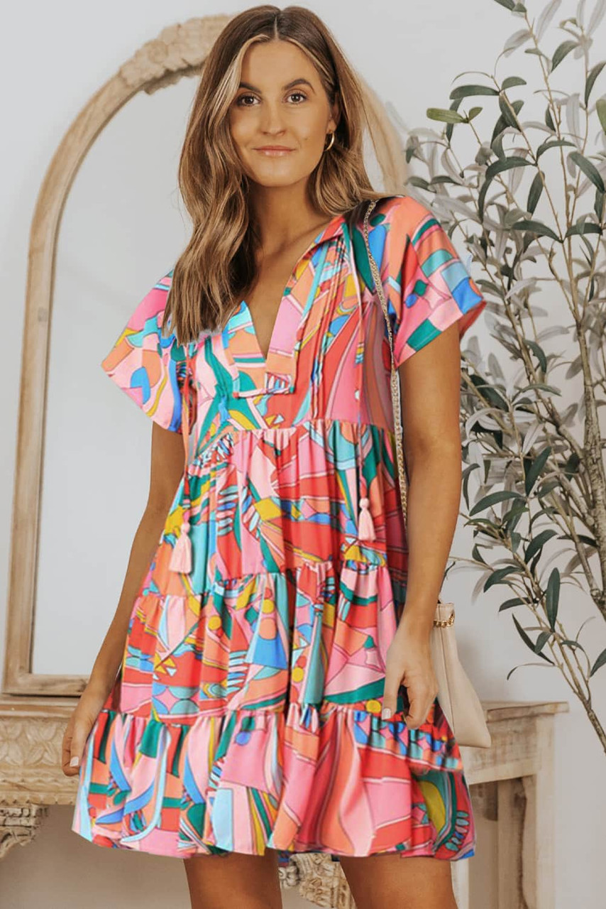 Multicolor Abstract Geometric Print Tassel Tie Flared Dress