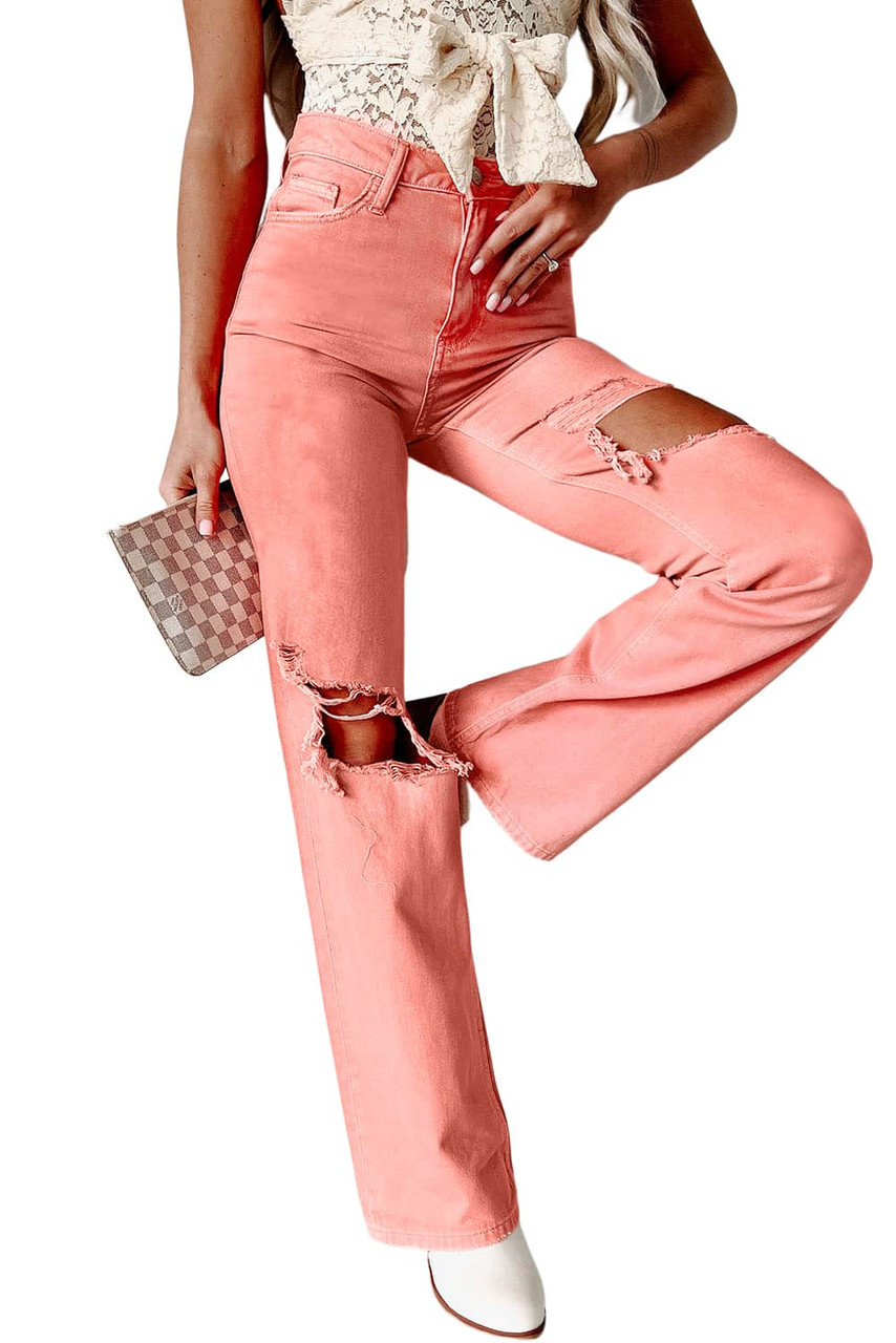 Pink High Waist Ripped Straight Leg Pocket Jeans