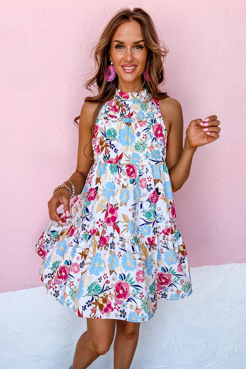 White Frill Mock Neck Sleeveless Tiered Floral Dress