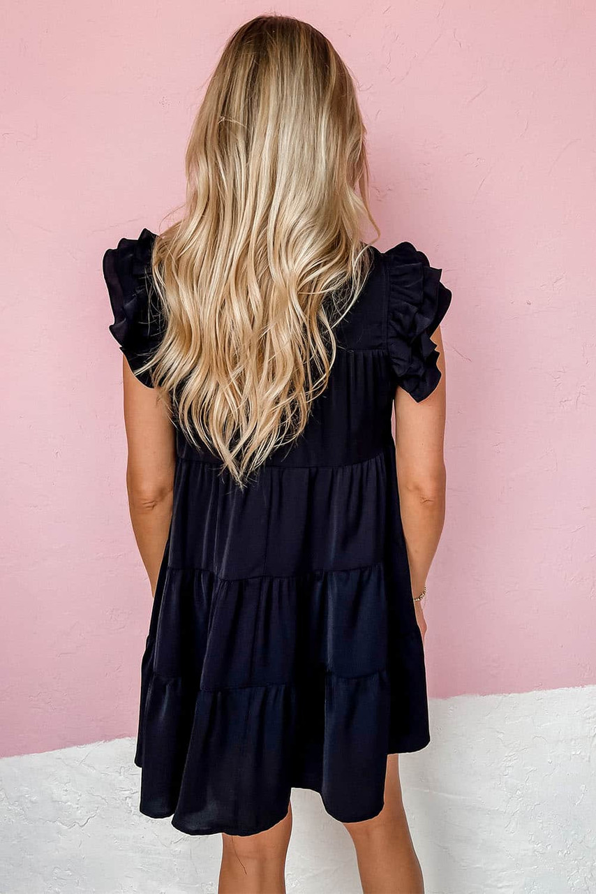 Black Ruffle Flutter Sleeve Pleated Tiered Mini Dress