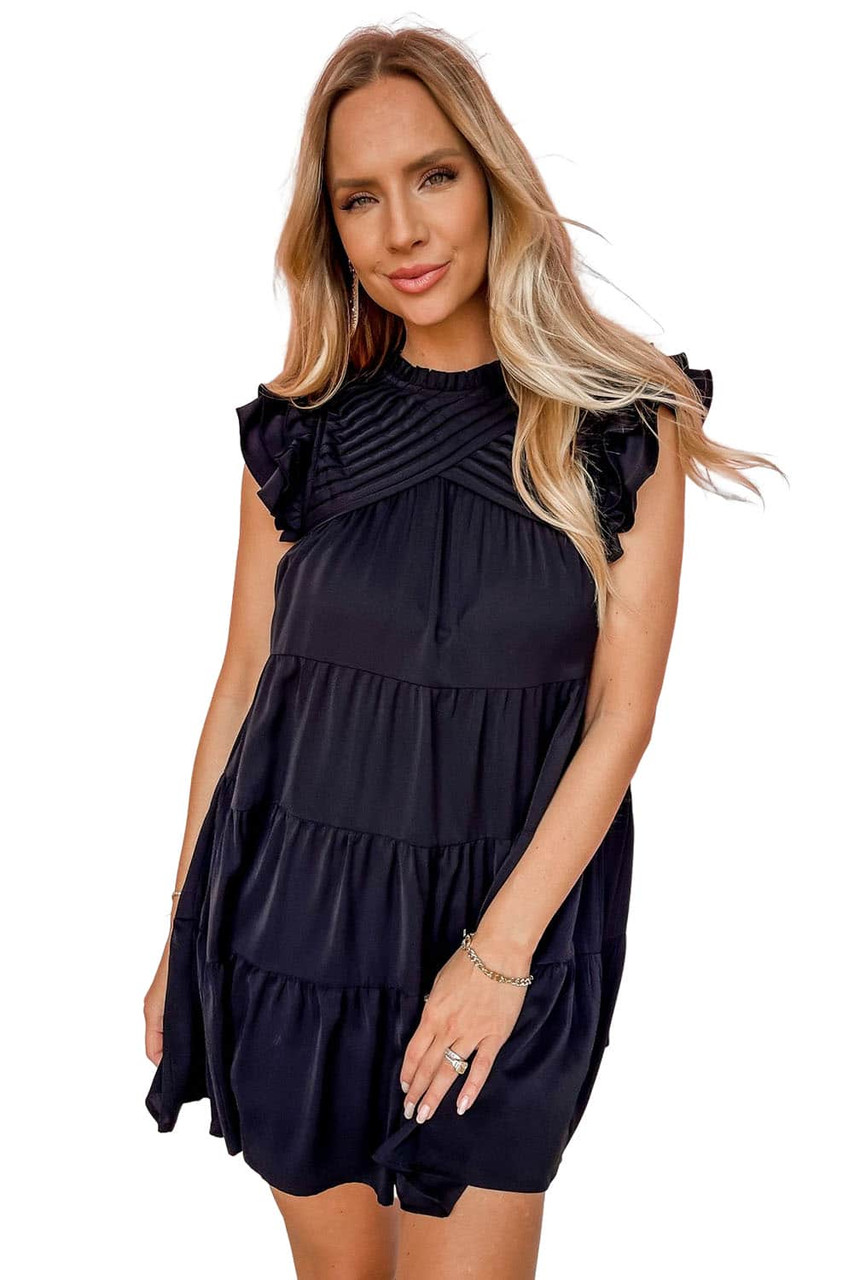 Black Ruffle Flutter Sleeve Pleated Tiered Mini Dress