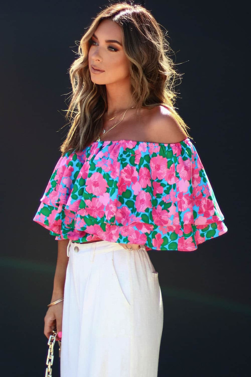 Rose Floral Off-Shoulder Tiered Ruffle Blouse