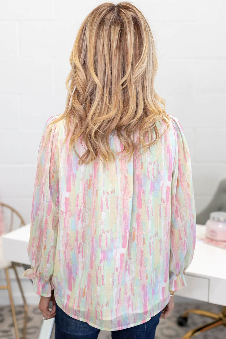 Multicolor Abstract Print Frilled Buttoned Long Sleeve Shirt