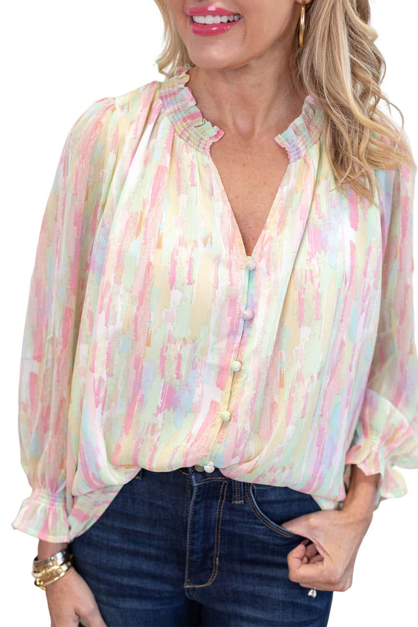 Multicolor Abstract Print Frilled Buttoned Long Sleeve Shirt