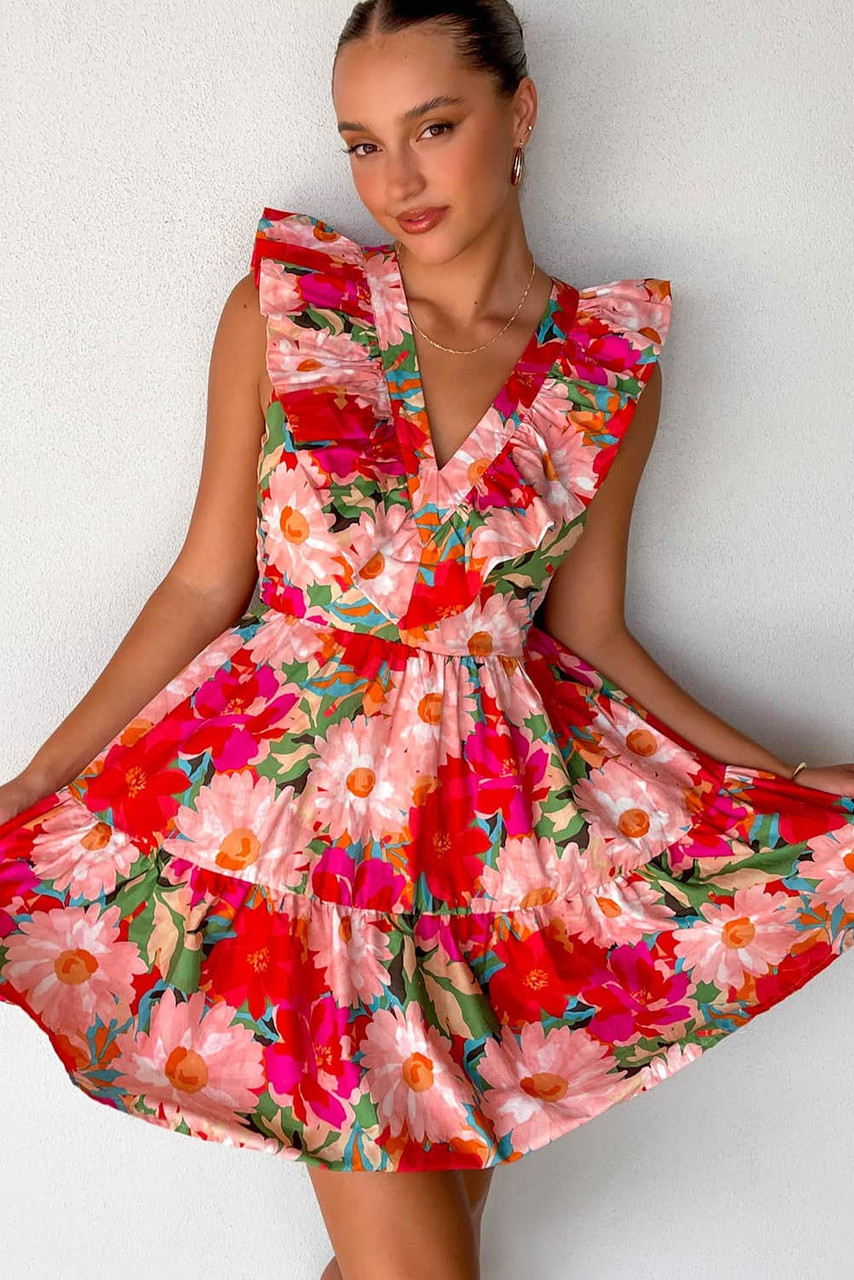 Red Floral Sleeveless V Neck Frill Mini Dress