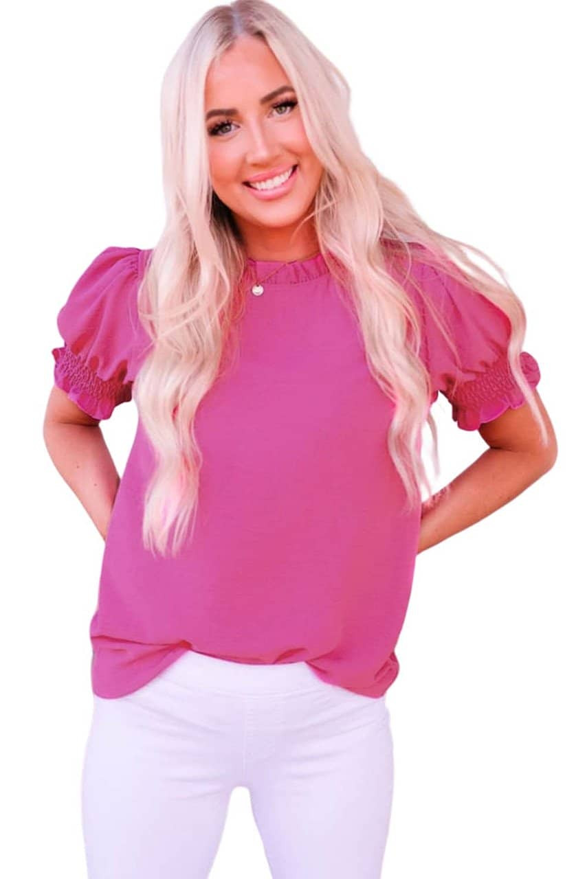 Rose Solid Color Smocked Puff Sleeve Blouse Rose Solid Color Smocked Puff Sleeve Blouse