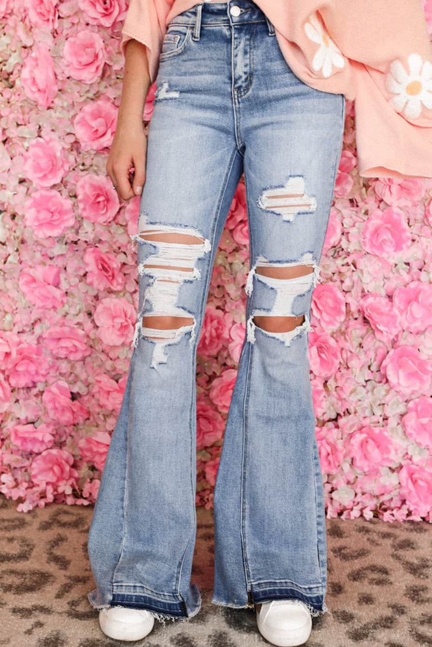 Sky Blue Light Wash Distressed High Rise Flare Jeans