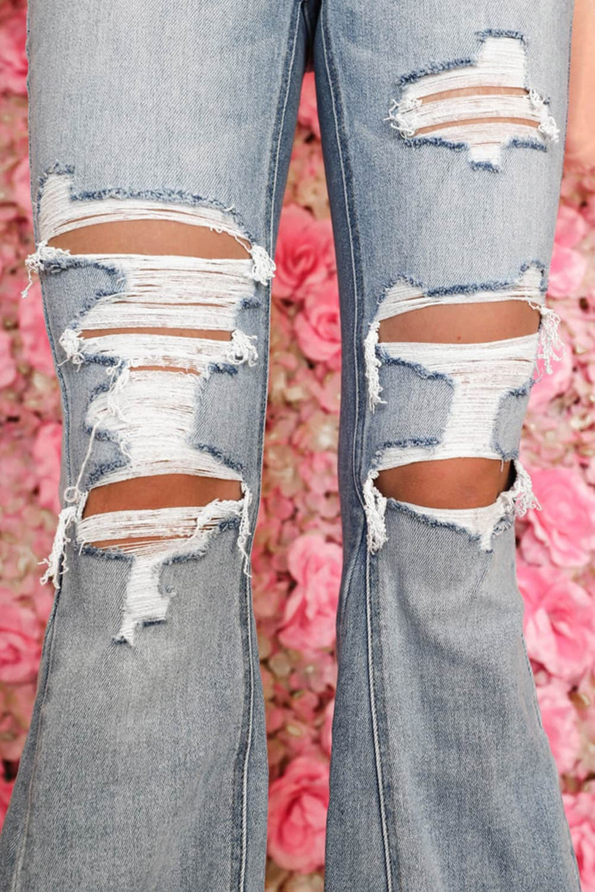 Sky Blue Light Wash Distressed High Rise Flare Jeans