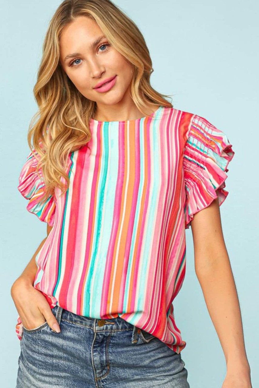 Stripe Abstract Print Stitching Ruffle Sleeve Blouse Stripe Abstract Print Stitching Ruffle Sleeve Blouse