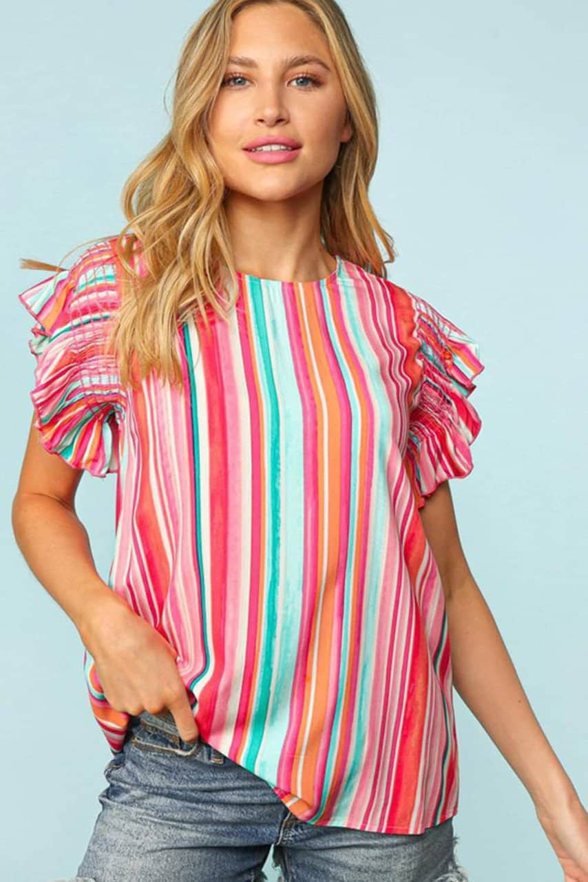Stripe Abstract Print Stitching Ruffle Sleeve Blouse Stripe Abstract Print Stitching Ruffle Sleeve Blouse