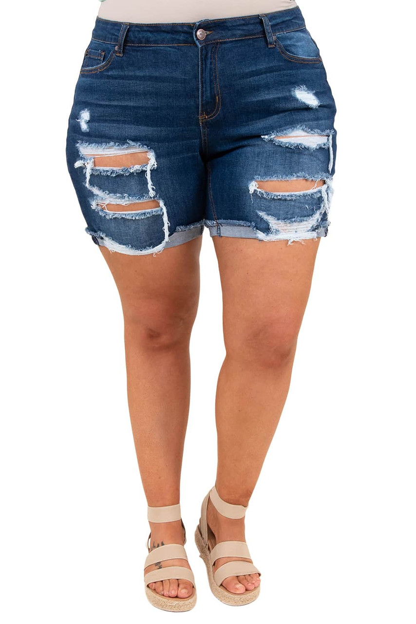 Blue Plus Size Rolled Hem Distressed Denim Shorts