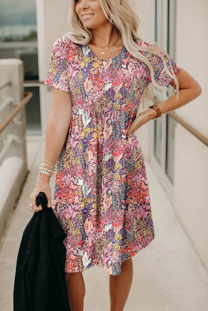 Floral Print Short Sleeve A-line Dress