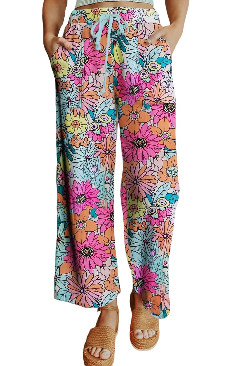 Multicolor Flower Print Pocketed Drawstring Waist Wide Leg Pants