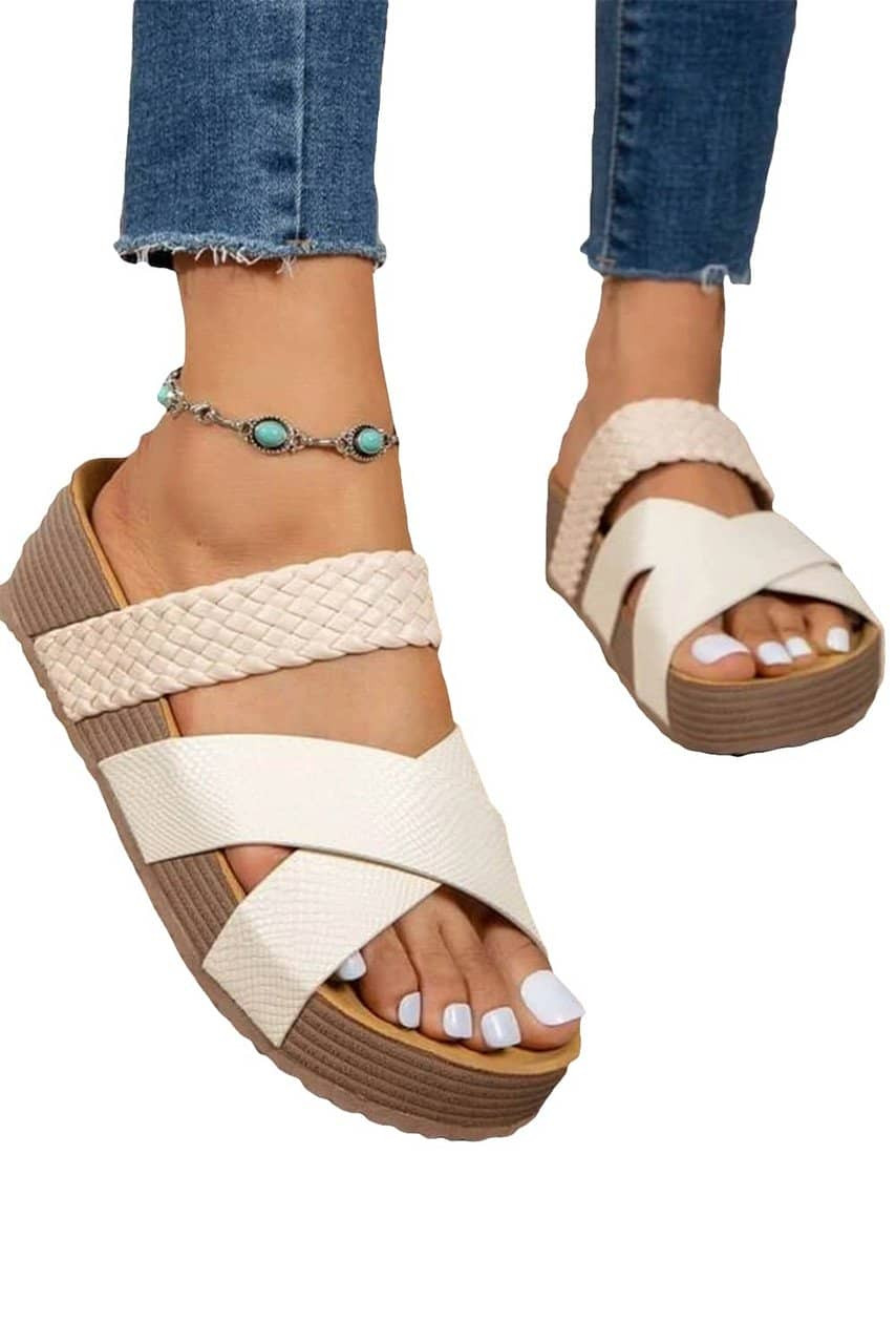 Beige Braided Detail Criss Cross Platform Slippers Beige Braided Detail Criss Cross Platform Slippers