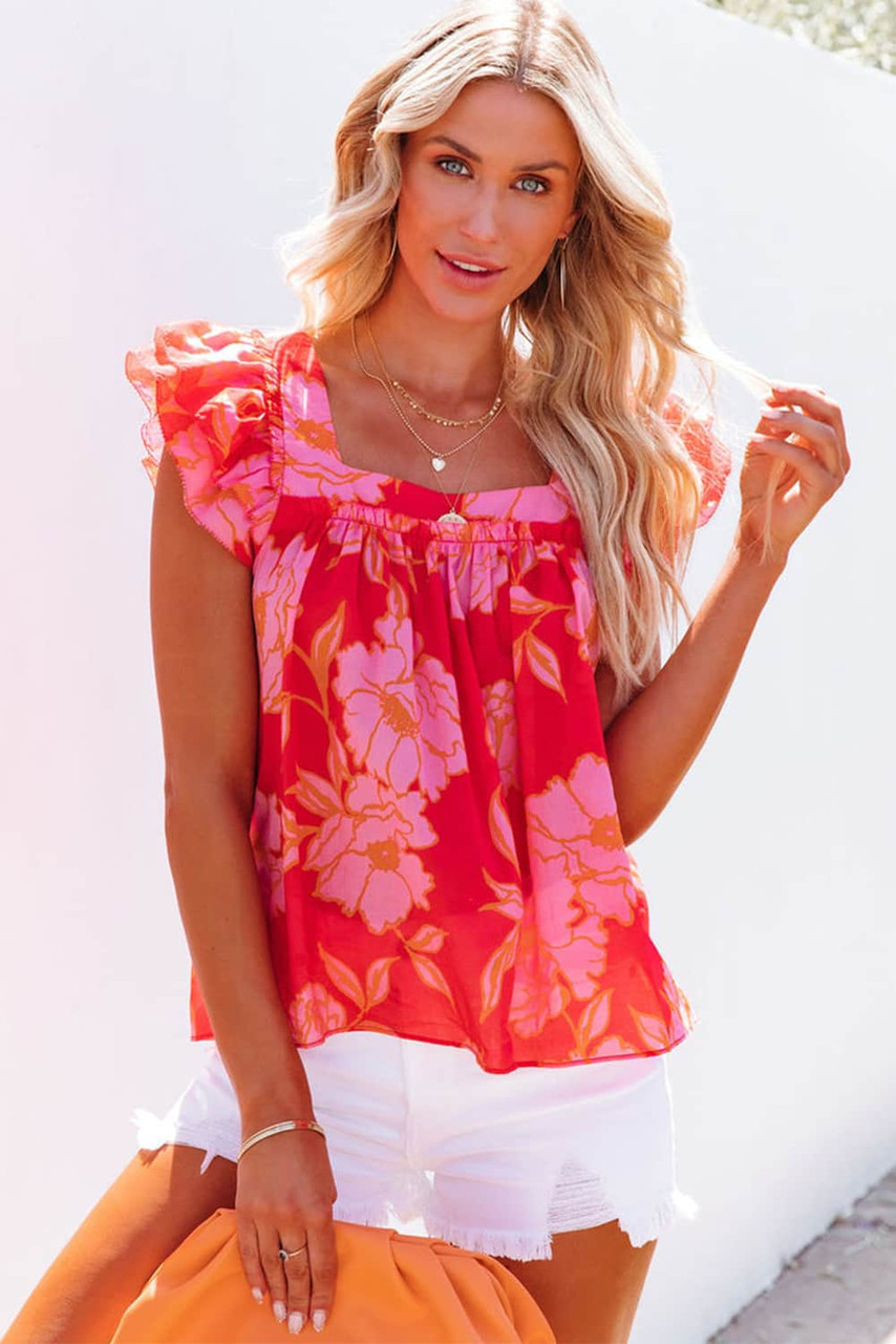 Red Floral Square Neck Ruffle Sleeve Blouse