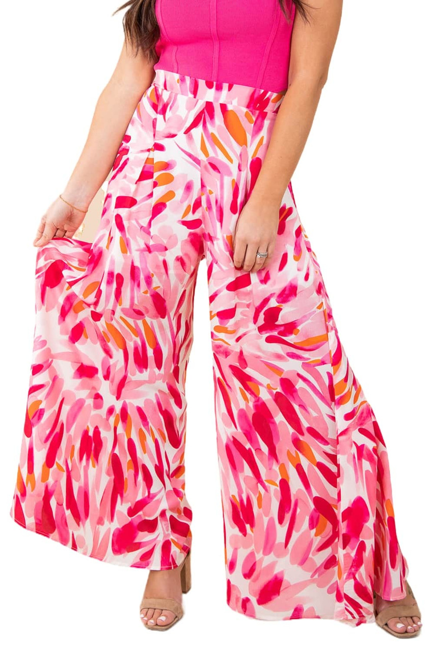 Rose Boho Abstract Floral Print Wide Leg Pants