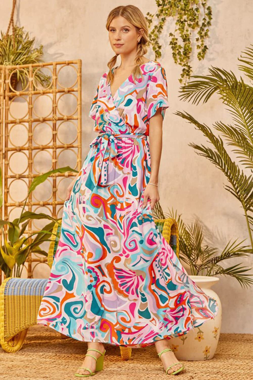 Multicolor Abstract Printed Wrap V Neck Belted Maxi Dress