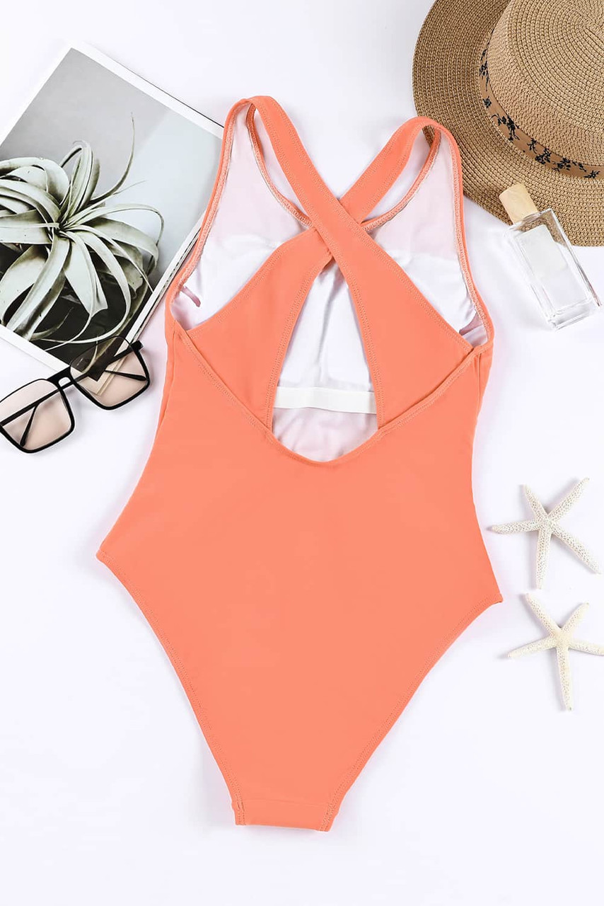 Orange Solid Cross Back One Piece Swimsuit