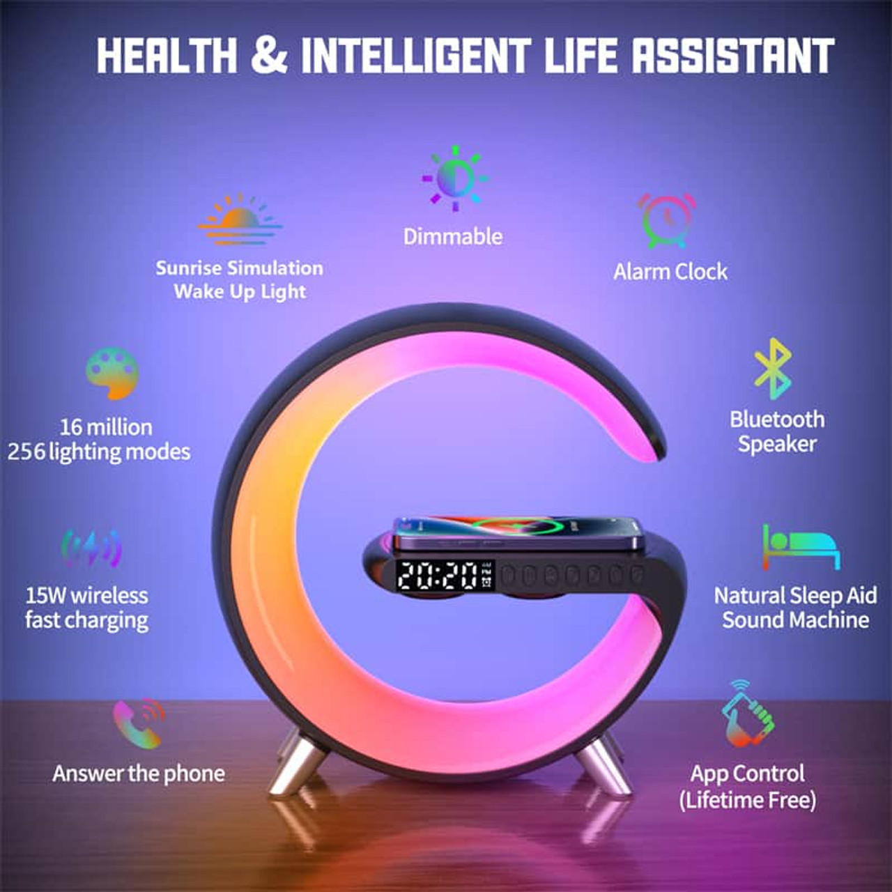 Intelligent LED Lamp Bluetooth Speaker Wireless Charger App Control