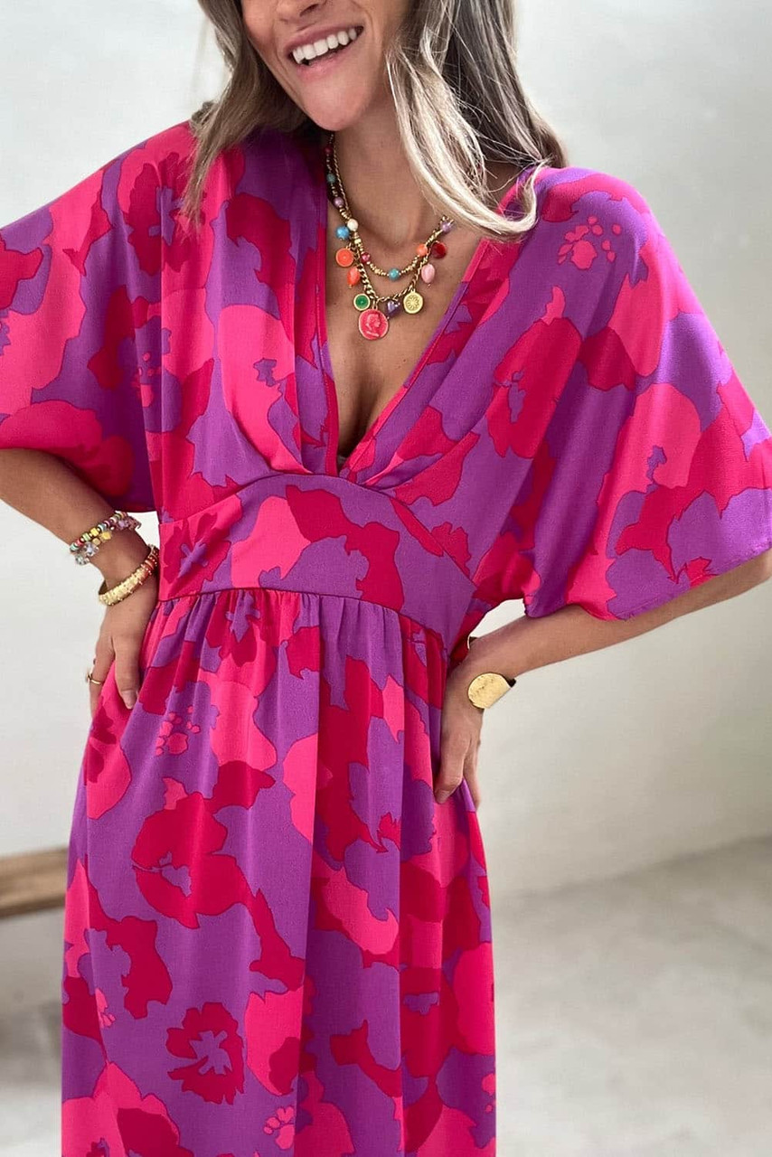 Rose Abstract Floral Print V Neck Dolman Maxi Dress