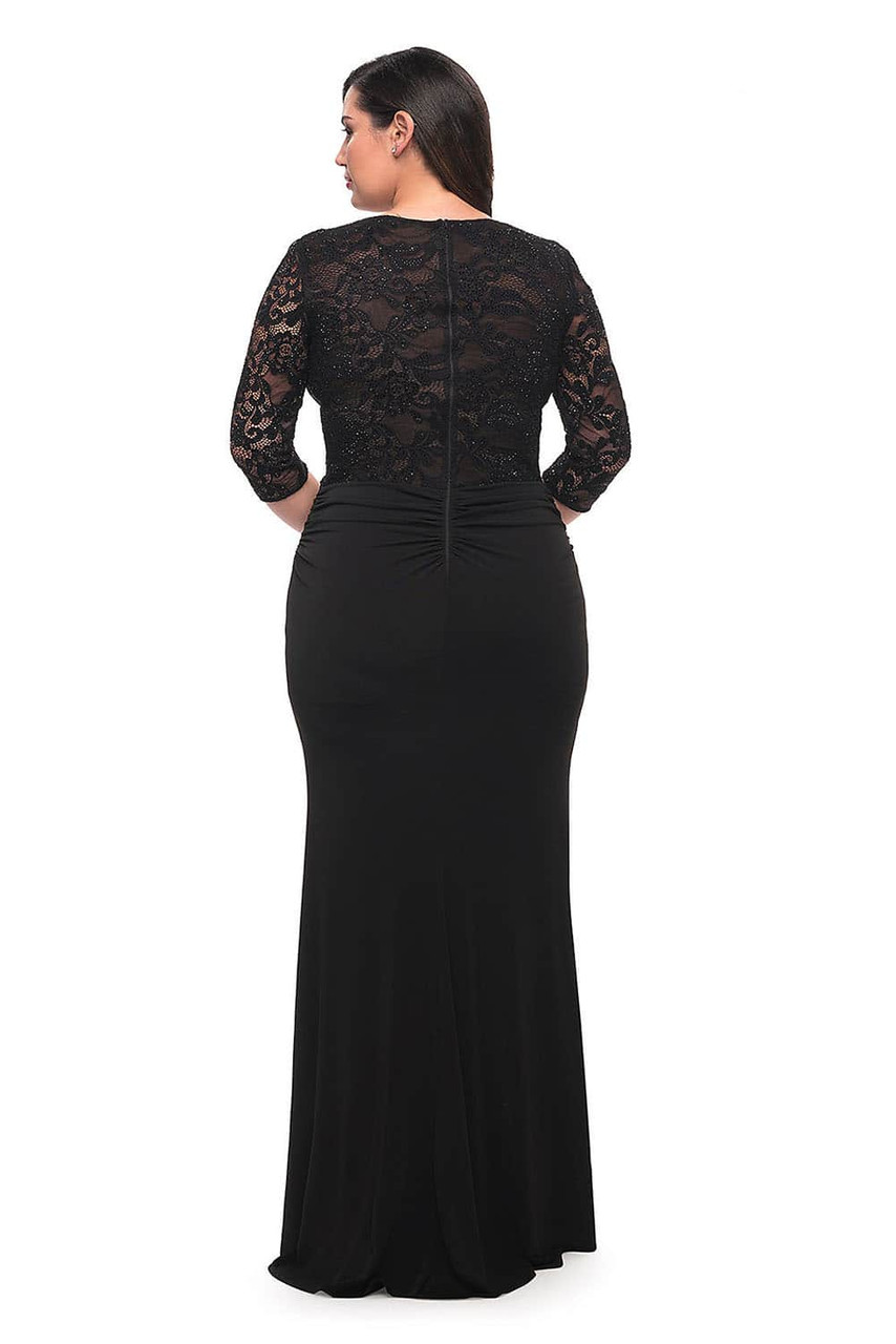 Black Lace Patchwork 3/4 Sleeve Pleated Plus Size Dress