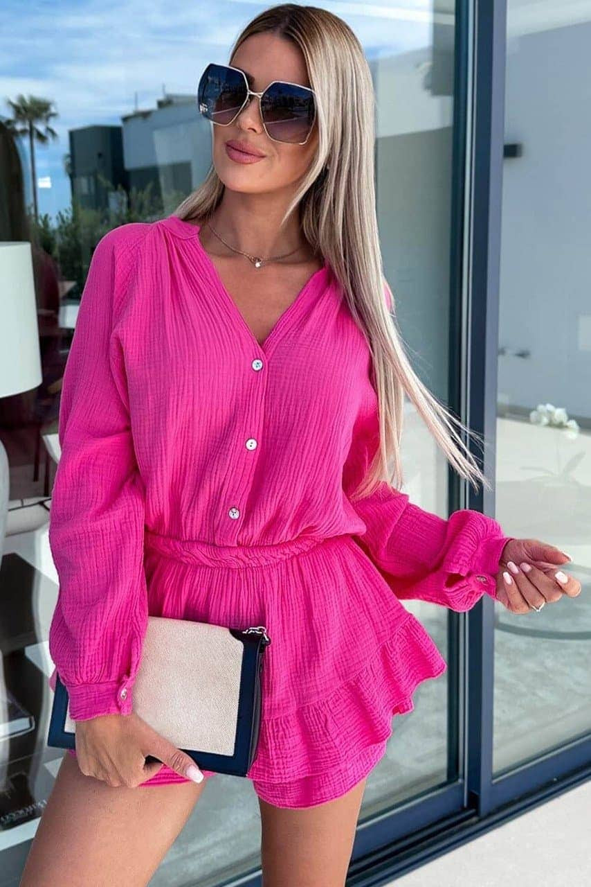 Rose Textured Tiered Ruffled Buttoned Long Sleeve Romper Rose Textured Tiered Ruffled Buttoned Long Sleeve Romper