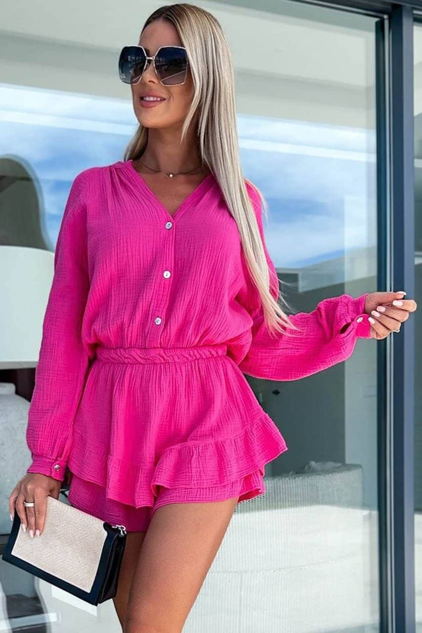 Rose Textured Tiered Ruffled Buttoned Long Sleeve Romper Rose Textured Tiered Ruffled Buttoned Long Sleeve Romper
