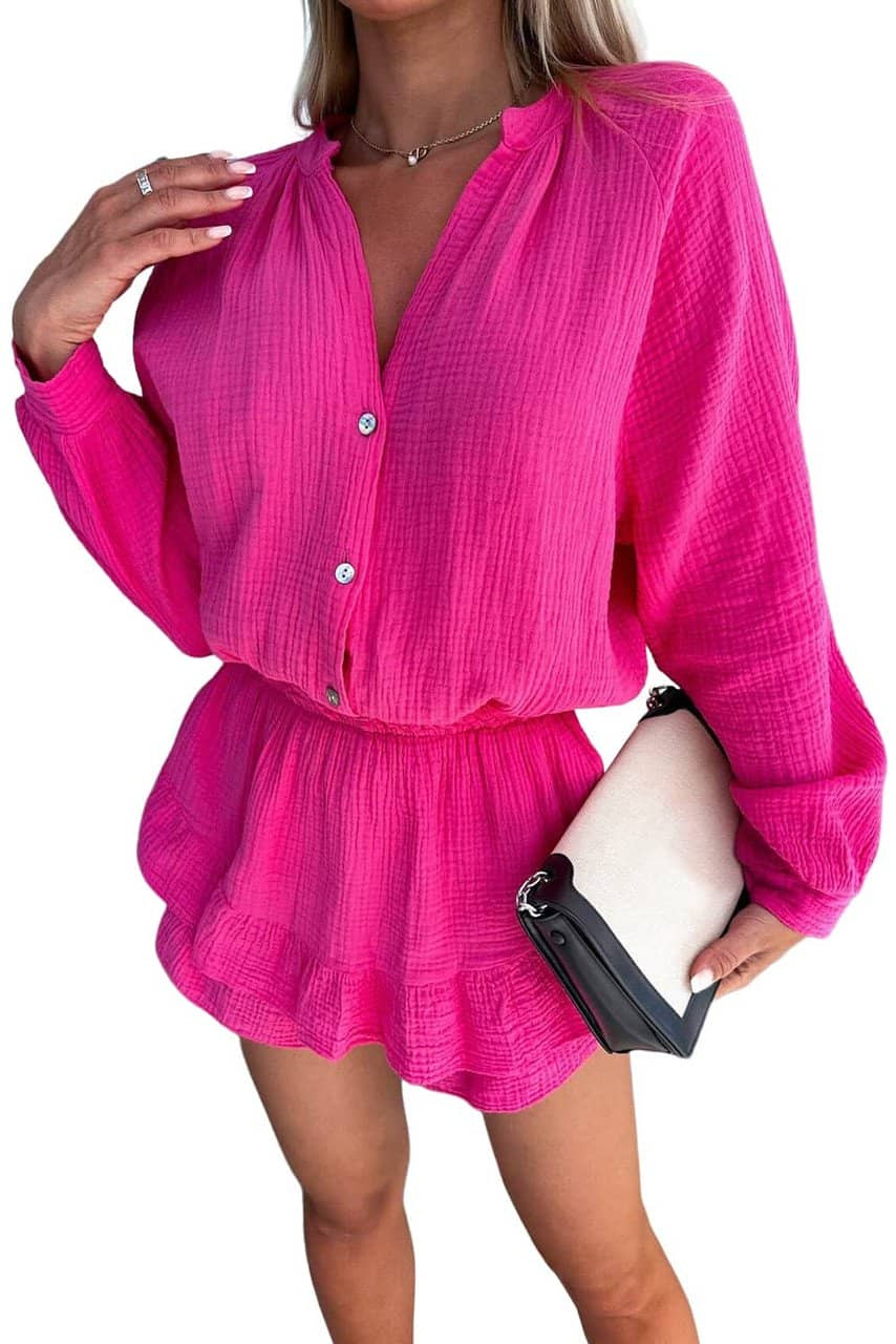 Rose Textured Tiered Ruffled Buttoned Long Sleeve Romper Rose Textured Tiered Ruffled Buttoned Long Sleeve Romper