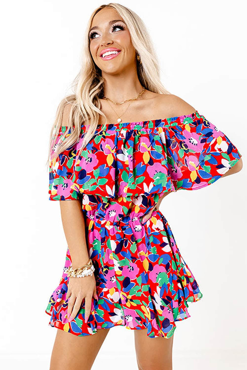 Red Floral Off Shoulder Short Sleeves Ruffle Romper