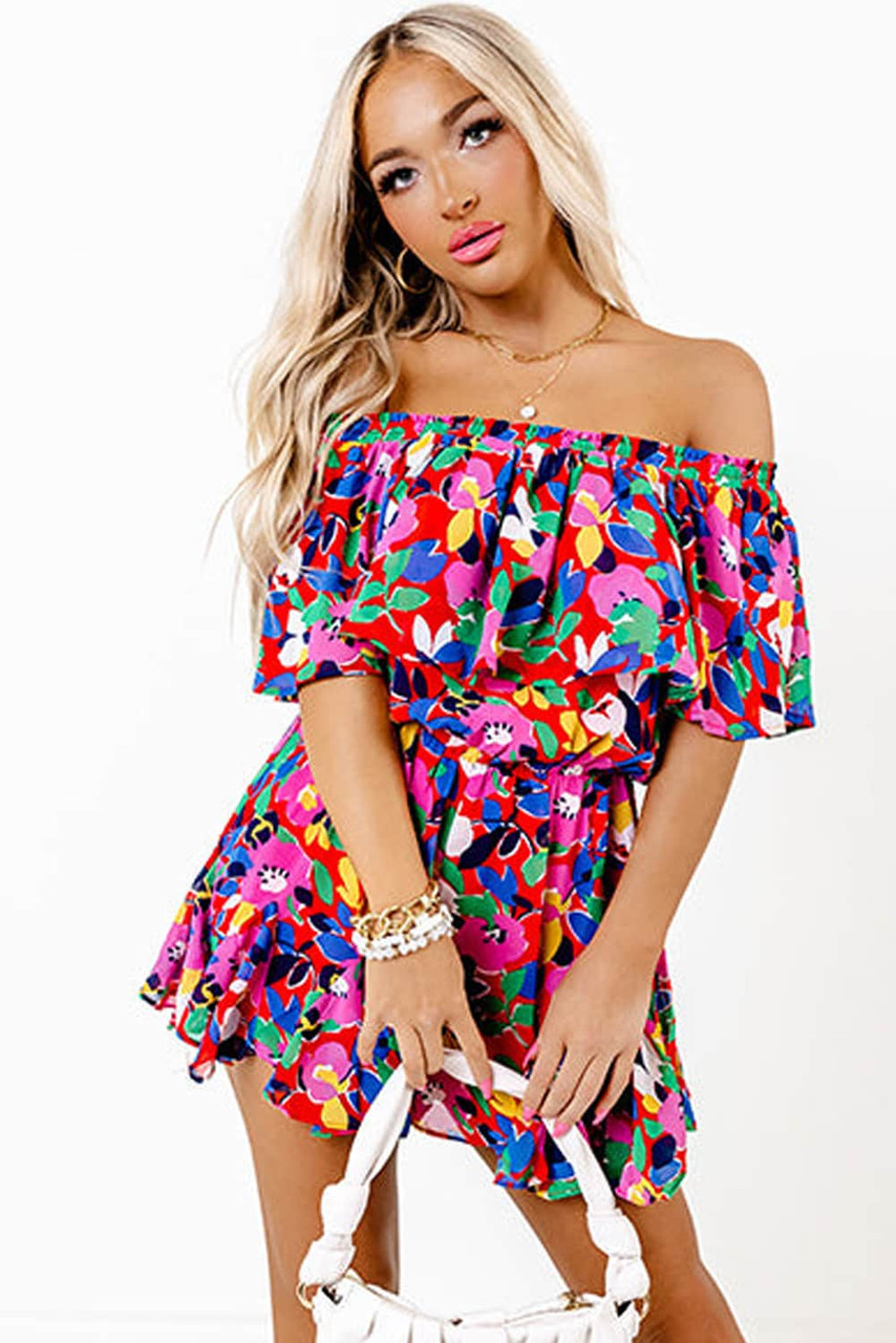 Red Floral Off Shoulder Short Sleeves Ruffle Romper