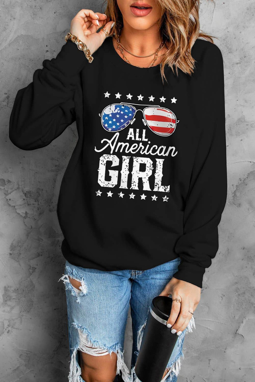 Black All American Girl Flag Graphic Print Long Sleeve Sweatshirt