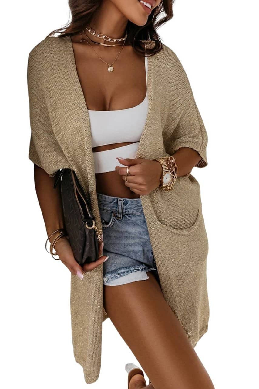 Khaki Dolman Half Sleeve Pocketed Long Cardigan Khaki Dolman Half Sleeve Pocketed Long Cardigan