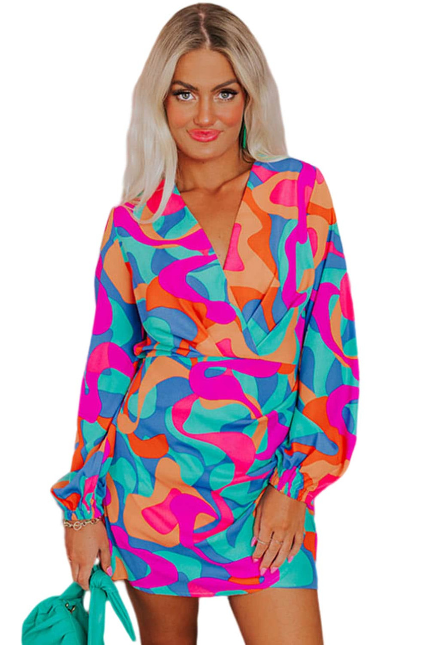 Multicolor Abstract Print Wrap V Neck Puff Sleeve Dress