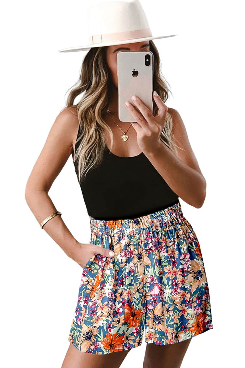 Multicolor Floral Print Wide Leg Casual Shorts