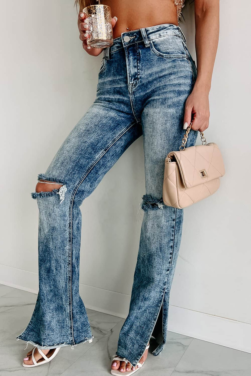 Sky Blue Vintage Distressed Split Hem Straight Leg Jeans Sky Blue Vintage Distressed Split Hem Straight Leg Jeans
