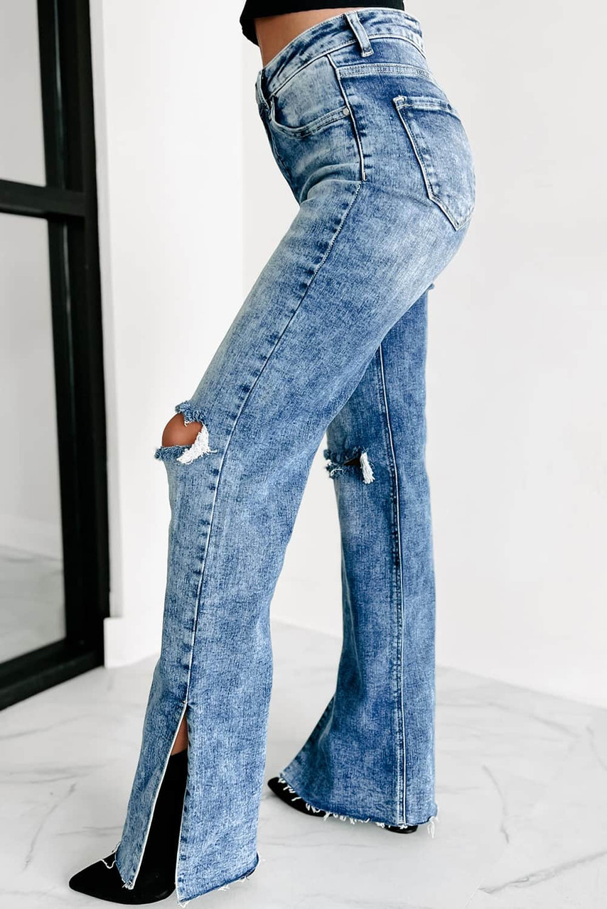 Sky Blue Vintage Distressed Split Hem Straight Leg Jeans Sky Blue Vintage Distressed Split Hem Straight Leg Jeans