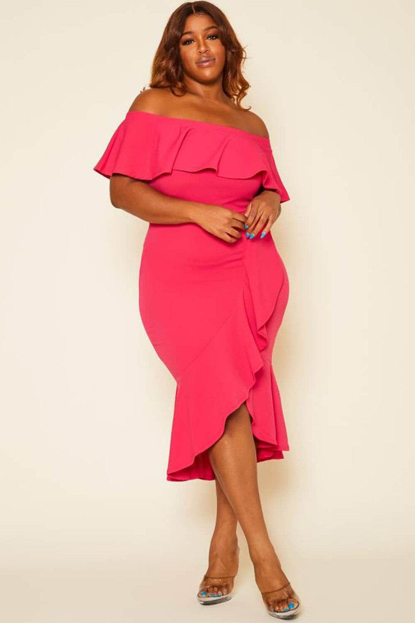 Rose Ruffled Off Shoulder High Low Plus Size Dress