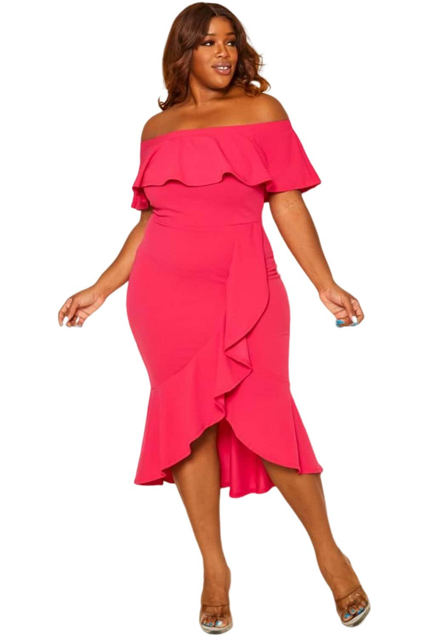 Rose Ruffled Off Shoulder High Low Plus Size Dress