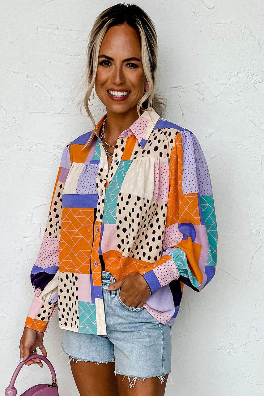 Multicolor Mixed Print Button Front Cuffed Sleeve Shirt