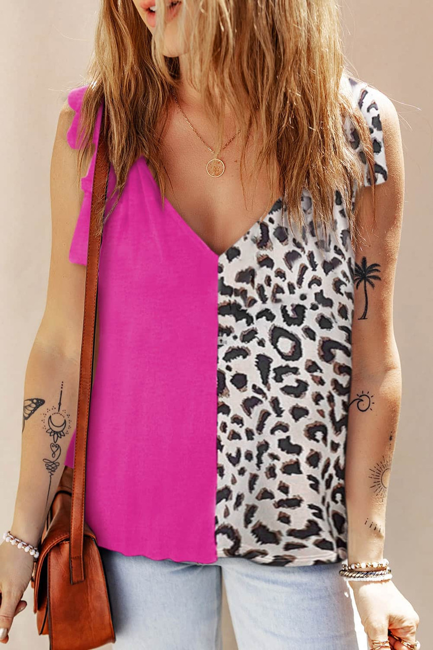 Rose Leopard Patchwork Tie Strap Tank Top