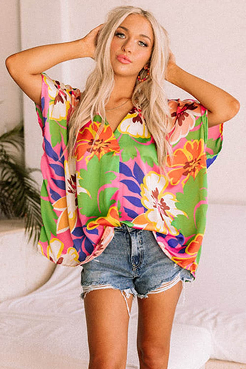 Pink Floral Print Loose Fit V Neck Tunic Blouse